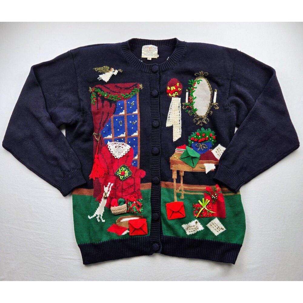 Vintage 1994 Susan Bristol Christmas Cardigan Hand Embroidered 90s Ugly Sweater